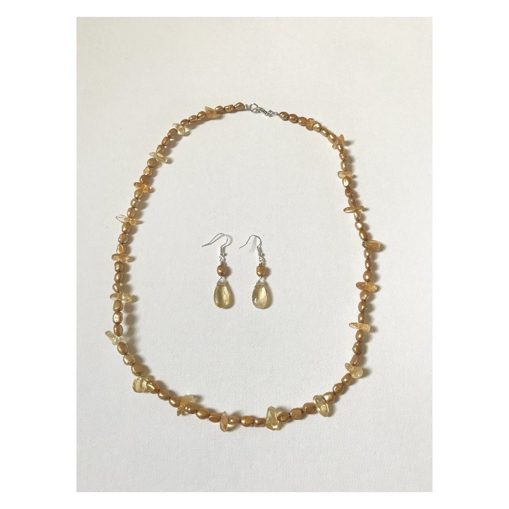 Citrine Gemstone Crystals, Gold Pearl Necklace & Earrings Set Boho Choker Chakra